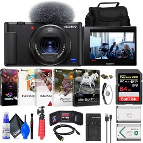Sony ZV-1 Digital Camera (White) (DCZV1/W) + 64GB Card + Case + NP-BX1 Battery + Card Reader + Corel Photo Software + HDMI Cable + Charger + Flex Tripod + Memory Wallet + Cap Keeper + More (Renewed)