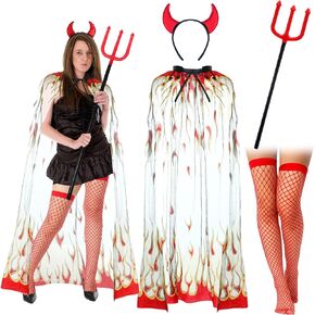 4 Pcs Halloween Devil Costume Set Devil Fire Costume Cape Flame Cape Devil Horn Red Devil Fork Fishnet Thigh Highs Women Halloween Angle Devil Costume for Halloween Women Cosplay in Saudi Arabia