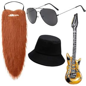 TOP Costume Rock Roll Hip Hop Costume for Cosplay Halloween Concert Bucket Hat Fake Beard Glasses Inflatable Guitar
