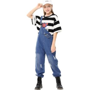 Girls Casual Long Overalls Loose Baggy Jeans Rompers Jumpsuits with Pockets Outfits for 3-12Y