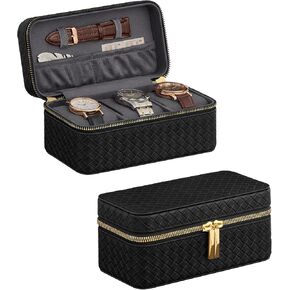 SONGMICS HOME RONNE Collection - 3 Watch Travel Case, 3-Slot Watch Box, Woven Embossed PU Leather, 3.9 x 7.9 x 3.5 Inches, Gift Idea, Ink Black Surface, Ink Black Lining UJWB017B01