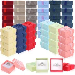 Yinkin 120 Pcs Cardboard Ring Gift Box Set with Bow Square Assorted Color Small Hard Gift Box Earring Jewelry Box for Birthdays Anniversaries Mother's Day, 1.6 x 1.6 In(Blue)