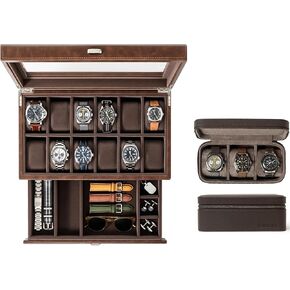 TAWBURY GIFT SET | Bayswater 12 Slot Watch Box with Drawer (Brown) and Fraser 3 Watch Travel Case (Brown)
