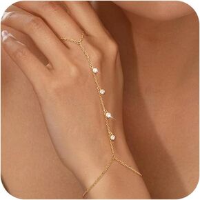Gold Hand Chain Bracelet Ring Bracelet, 14K Gold Plated Finger Ring Bracelet Zircon Pearl Bead Satellite Hand Chain for Women Trendy Jewelry Non Tarnish Gold Ring Hand Bracelet