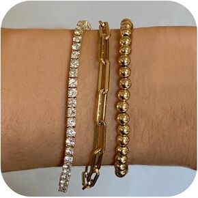 Gold Bracelets for Women, 14K Gold Plated Link Cubic Zirconia Classic Tennis Bracelet, Cuban Chain Dainty Bracelet Pack Jewelry for Women