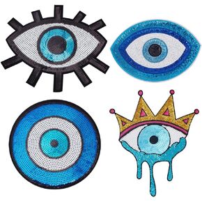 INFUNLY 4pcs Evil Eye Sequin Patches Iron on Sew on Embroidered Decorative Applique Sequin Applique Patches Evil Eye Patch for Clothes Jacket Backpack Hat Suitable for DIY/Arts/Crafts Projects