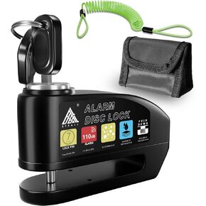 Alarm Disc Lock with Alarm 110dB, Anti Theft Waterproof Motorcycle Disc Lock with 4FT Reminder Cable and Carry Pouch, Motorcycle Wheel Lock for Moto/Moped/Bike/E-Bike/Scooter with Disc Brake