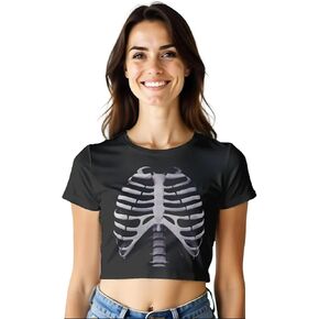 Skeleton Crop Top Shirt for Womens - Men Women Teens Black Goth Punk Tops Cosplay Halloween Costumes