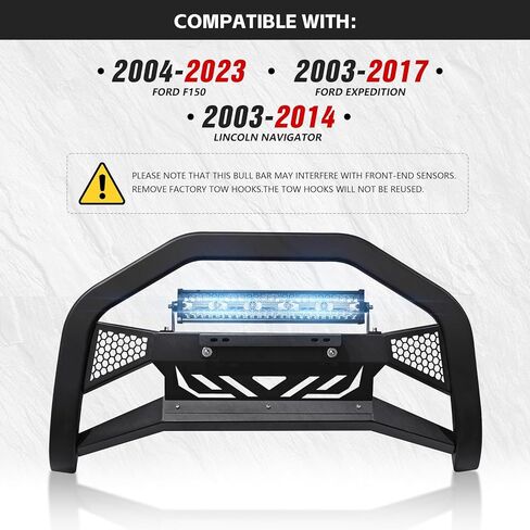 شريط Bull مع شريط إضاءة LED وإطار لوحة ترخيص متوافق مع 2004-2023 Ford F150 F-150 و2003-2017 Ford Expedition و2003-2014 Lincoln Navigator، واقي الشواية الأمامي، واقي الفرشاة، دفع ممتص الصدمات in Kuwait