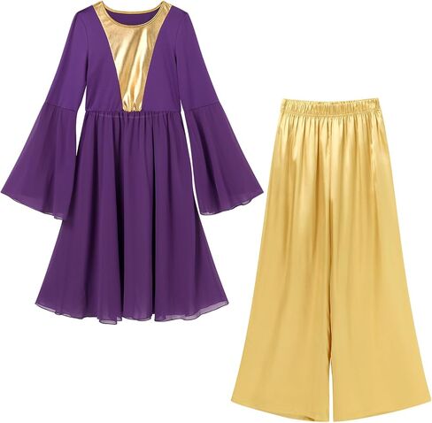 IBAKOM Praise Dance Dress for Women Long Dance Overlay and Tunic Gold Baggy Pant Lyrical Worship Liturgical Dancewear Worship in Kuwait