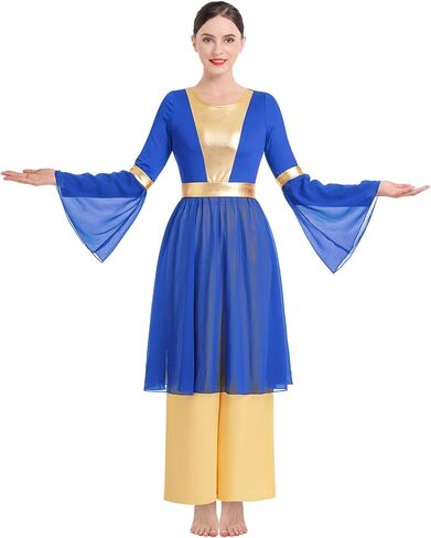 IBAKOM Praise Dance Dress for Women Long Dance Overlay and Tunic Gold Baggy Pant Lyrical Worship Liturgical Dancewear Worship in Kuwait