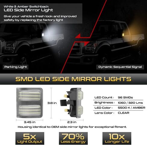 [Switchback White + Amber Sequential Turn Signal LED Strip] For 2008-2016 Ford F250 F350 F450 F550 Super Duty Black LED Towing Mirror Light, Driver & Passenger Side in Saudi Arabia
