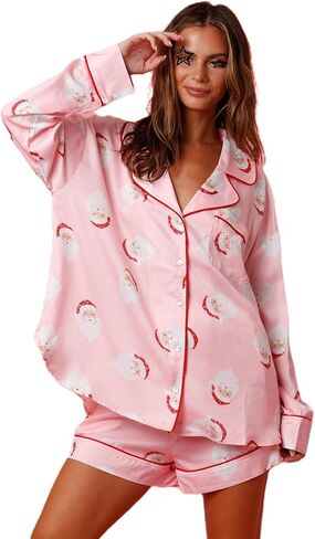 Women Christmas Pajamas Shorts Set Santa Claus Pjs Long Sleeve Button Down Shirt+Pants 2 Piece Xmas Jammies Loungewear in Kuwait