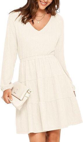 Glamaker Women's Long Sleeve Mini Sweater Dress 2024 Fall Ribbed Knit Dress Casual V Neck Ruffle Flowy Tiered Dresses in Kuwait