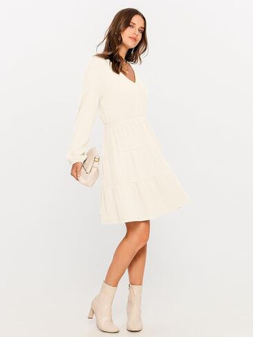 Glamaker Women's Long Sleeve Mini Sweater Dress 2024 Fall Ribbed Knit Dress Casual V Neck Ruffle Flowy Tiered Dresses in Kuwait