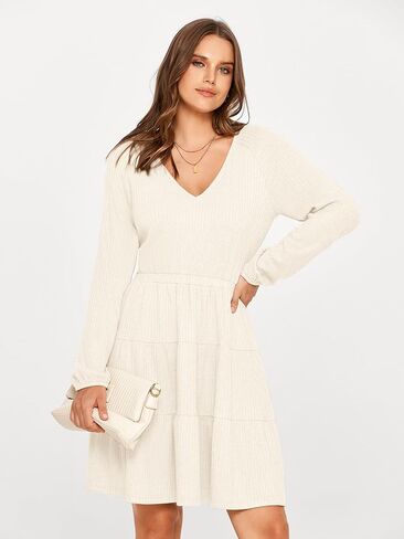 Glamaker Women's Long Sleeve Mini Sweater Dress 2024 Fall Ribbed Knit Dress Casual V Neck Ruffle Flowy Tiered Dresses in Kuwait