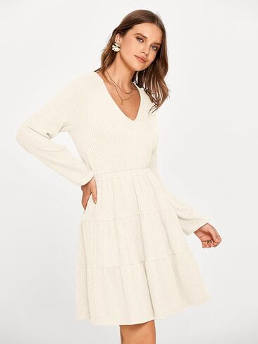 Glamaker Women's Long Sleeve Mini Sweater Dress 2024 Fall Ribbed Knit Dress Casual V Neck Ruffle Flowy Tiered Dresses in Kuwait