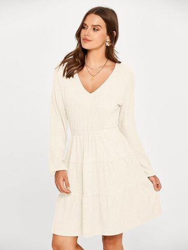 Glamaker Women's Long Sleeve Mini Sweater Dress 2024 Fall Ribbed Knit Dress Casual V Neck Ruffle Flowy Tiered Dresses in Kuwait