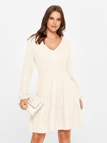 Glamaker Women's Long Sleeve Mini Sweater Dress 2024 Fall Ribbed Knit Dress Casual V Neck Ruffle Flowy Tiered Dresses in Kuwait