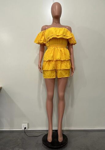 LAJIOJIO Jumpsuits for Women,Sexy Off the Shoulder Ruffle Hem Pleated Short Romper for Summer 2024 in Saudi Arabia