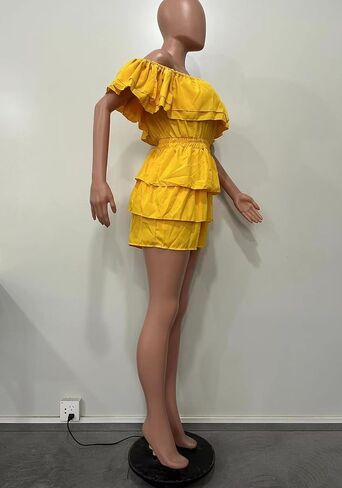 LAJIOJIO Jumpsuits for Women,Sexy Off the Shoulder Ruffle Hem Pleated Short Romper for Summer 2024 in Saudi Arabia