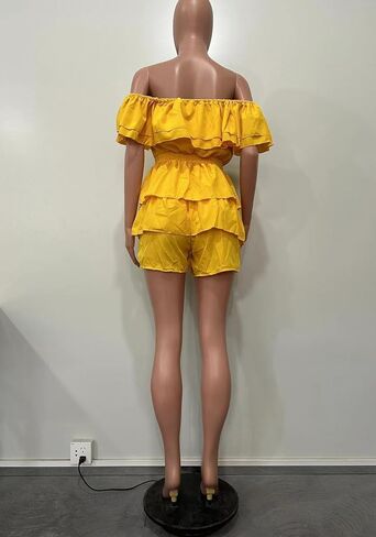LAJIOJIO Jumpsuits for Women,Sexy Off the Shoulder Ruffle Hem Pleated Short Romper for Summer 2024 in Saudi Arabia