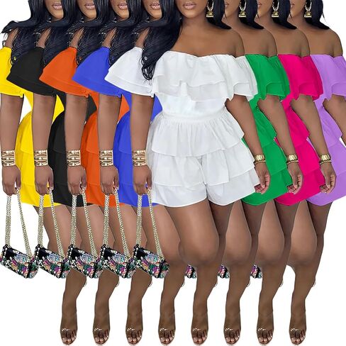 LAJIOJIO Jumpsuits for Women,Sexy Off the Shoulder Ruffle Hem Pleated Short Romper for Summer 2024 in Saudi Arabia