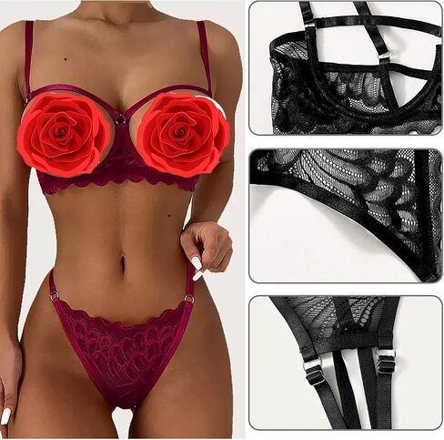 Sexy Lingerie Sheer Bra and Panties Set Floral Lace Mesh Babydoll 2 Piece Underwire Bralette Strappy G-String in Kuwait