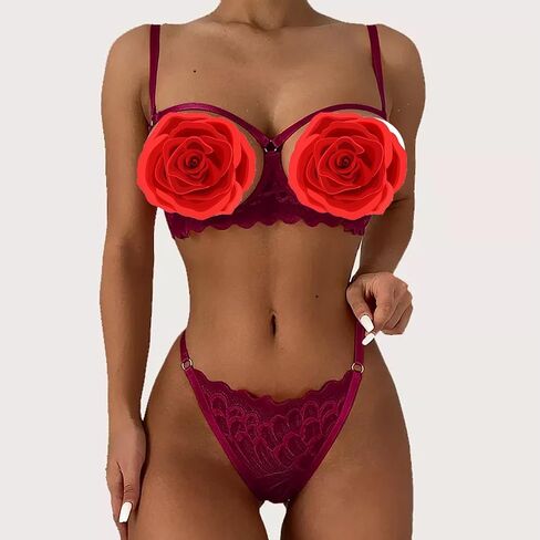 Sexy Lingerie Sheer Bra and Panties Set Floral Lace Mesh Babydoll 2 Piece Underwire Bralette Strappy G-String in Kuwait