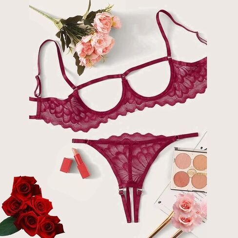 Sexy Lingerie Sheer Bra and Panties Set Floral Lace Mesh Babydoll 2 Piece Underwire Bralette Strappy G-String in Kuwait