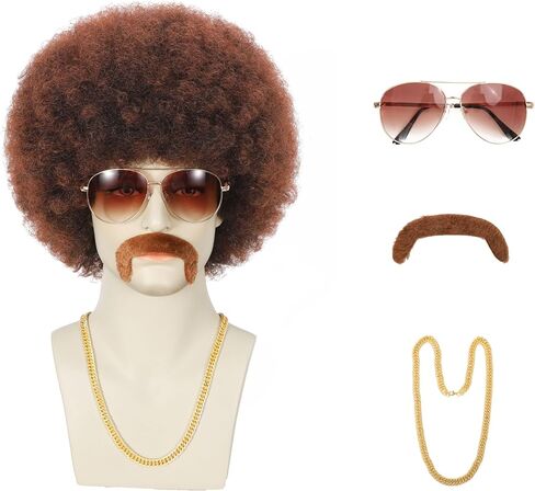5Pcs Set Disco Style Afro Wig for Men 70s/80s Theme Parties, Curly and Fluffy Costume Wigs with Synthetic Hair, Hippie Rocker Afro Wig for Cosplay/Halloween/Dress up (#33 Dark Brown) in Kuwait