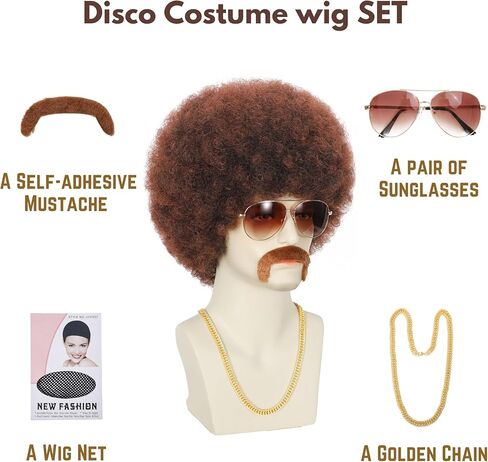 5Pcs Set Disco Style Afro Wig for Men 70s/80s Theme Parties, Curly and Fluffy Costume Wigs with Synthetic Hair, Hippie Rocker Afro Wig for Cosplay/Halloween/Dress up (#33 Dark Brown) in Kuwait