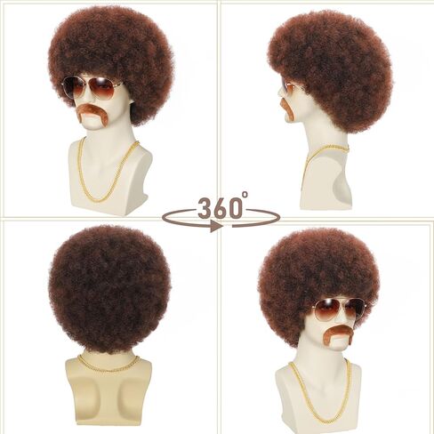 5Pcs Set Disco Style Afro Wig for Men 70s/80s Theme Parties, Curly and Fluffy Costume Wigs with Synthetic Hair, Hippie Rocker Afro Wig for Cosplay/Halloween/Dress up (#33 Dark Brown) in Kuwait