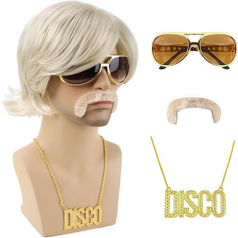 Mens Blonde Wigs 5pcs Set (Wig+ Glasses+ Necklace+ Mustache+ Wig Cap) Short Wavy Shaggy Wig 70s Costumes Disco Rocker Men Wig for Halloween Chrismas Cosplay Party in Kuwait