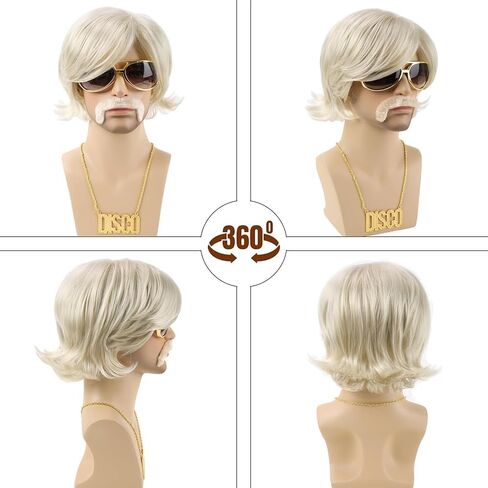 Mens Blonde Wigs 5pcs Set (Wig+ Glasses+ Necklace+ Mustache+ Wig Cap) Short Wavy Shaggy Wig 70s Costumes Disco Rocker Men Wig for Halloween Chrismas Cosplay Party in Kuwait