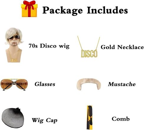 Mens Blonde Wigs 5pcs Set (Wig+ Glasses+ Necklace+ Mustache+ Wig Cap) Short Wavy Shaggy Wig 70s Costumes Disco Rocker Men Wig for Halloween Chrismas Cosplay Party in Kuwait