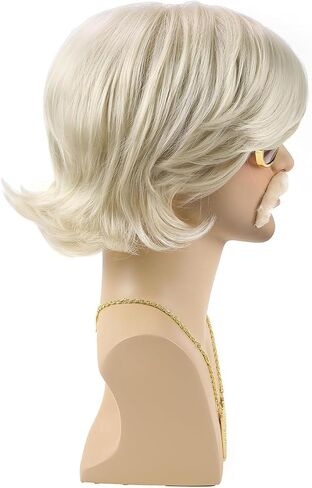 Mens Blonde Wigs 5pcs Set (Wig+ Glasses+ Necklace+ Mustache+ Wig Cap) Short Wavy Shaggy Wig 70s Costumes Disco Rocker Men Wig for Halloween Chrismas Cosplay Party in Kuwait