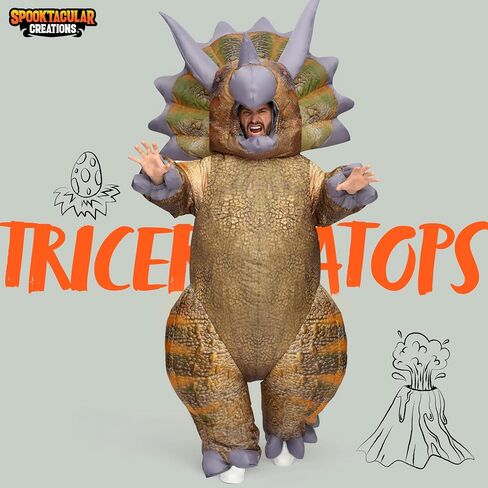 إبداعات Spooktacular للبالغين أزياء الهالوين القابلة للنفخ، أزياء ترايسيراتوبس واقعية تنفجر أزياء الديناصورات، بدلة تريكس رابتور القابلة للنفخ لكامل الجسم لحفلات الهالوين التنكرية in Saudi Arabia