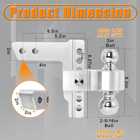 وصلة وصلة مقطورة قابلة للتعديل، 2-5/16 بوصة و2 بوصة، وصلة ربط تناسب جهاز استقبال 2 بوصة، وصلة قطرة 12500 رطل GTW مع 4 قطع وسادات إسكات ومزالج، وصلة سحب مقطورة من سبائك الألومنيوم مقاس 6 بوصة in Kuwait