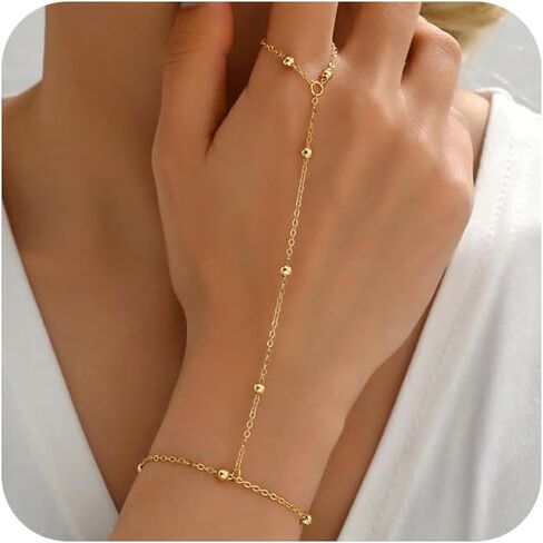 Gold Hand Chain Bracelet Ring Bracelet, 14K Gold Plated Finger Ring Bracelet Zircon Pearl Bead Satellite Hand Chain for Women Trendy Jewelry Non Tarnish Gold Ring Hand Bracelet in Kuwait