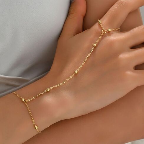 Gold Hand Chain Bracelet Ring Bracelet, 14K Gold Plated Finger Ring Bracelet Zircon Pearl Bead Satellite Hand Chain for Women Trendy Jewelry Non Tarnish Gold Ring Hand Bracelet in Kuwait