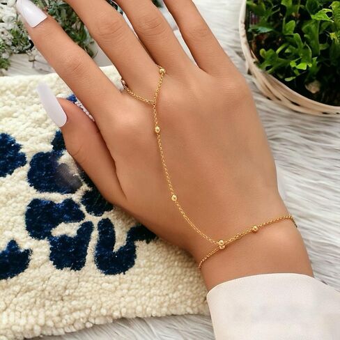 Gold Hand Chain Bracelet Ring Bracelet, 14K Gold Plated Finger Ring Bracelet Zircon Pearl Bead Satellite Hand Chain for Women Trendy Jewelry Non Tarnish Gold Ring Hand Bracelet in Kuwait