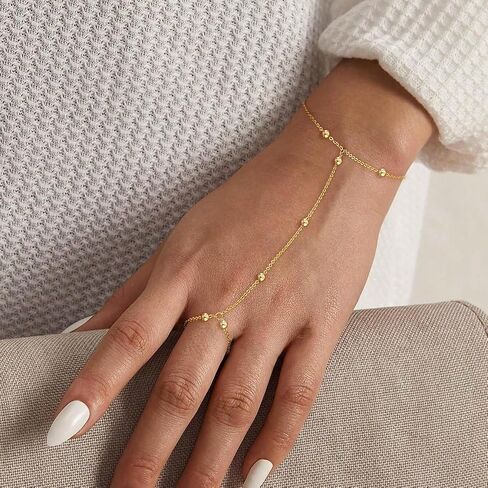 Gold Hand Chain Bracelet Ring Bracelet, 14K Gold Plated Finger Ring Bracelet Zircon Pearl Bead Satellite Hand Chain for Women Trendy Jewelry Non Tarnish Gold Ring Hand Bracelet in Kuwait