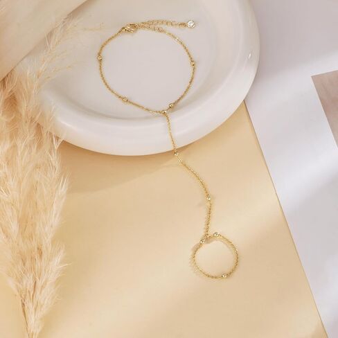 Gold Hand Chain Bracelet Ring Bracelet, 14K Gold Plated Finger Ring Bracelet Zircon Pearl Bead Satellite Hand Chain for Women Trendy Jewelry Non Tarnish Gold Ring Hand Bracelet in Kuwait