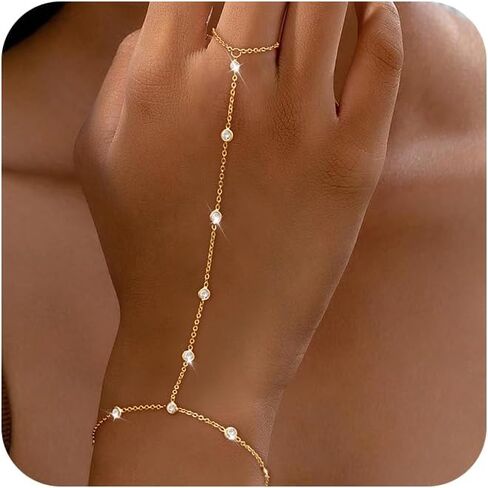 Gold Hand Chain Bracelet Ring Bracelet, 14K Gold Plated Finger Ring Bracelet Zircon Pearl Bead Satellite Hand Chain for Women Trendy Jewelry Non Tarnish Gold Ring Hand Bracelet in Kuwait