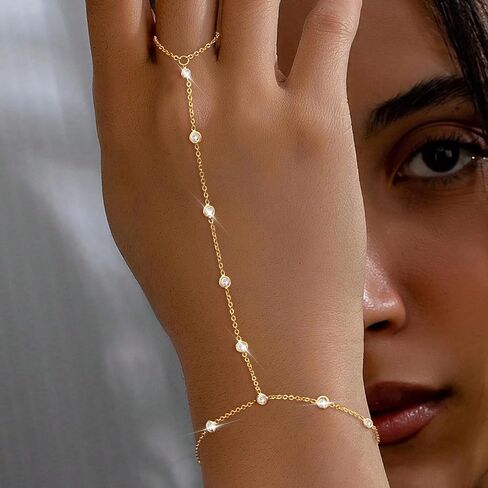 Gold Hand Chain Bracelet Ring Bracelet, 14K Gold Plated Finger Ring Bracelet Zircon Pearl Bead Satellite Hand Chain for Women Trendy Jewelry Non Tarnish Gold Ring Hand Bracelet in Kuwait
