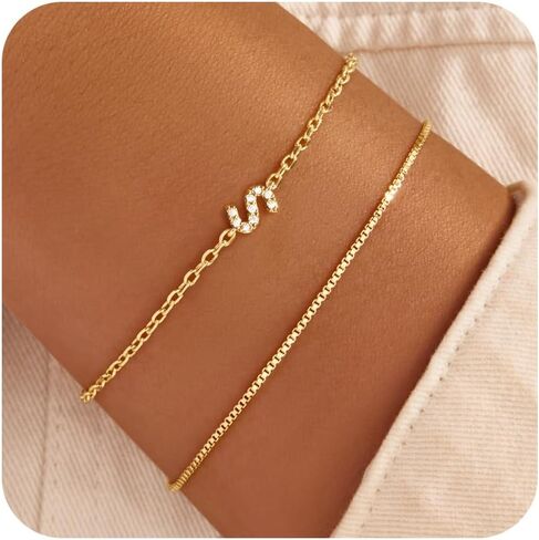 Gold Initial Bracelets for Women, Dainty 14K Gold Plated Letter Initial Bracelet for Women, Cute Layered Box Chain Gold Bracelets for Women Trendy Jewelry in Kuwait