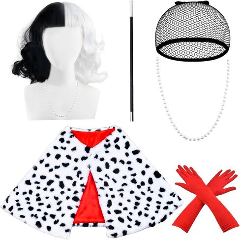 Deville Costume Wig for Women Set: Dalmatian Shawl Scarf,Black and White Wig, Gloves Costume Stick for Halloween in Kuwait