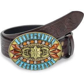 Women-Men-Western Cowboy Belts - Turquoise PU-Leather-Belts Embossed Cowgirl Belt-Country Belt for Waist 28"-39"