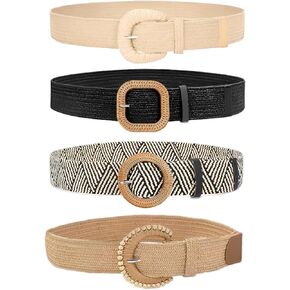 4 Pcs Woven Belts for Women Elastic Straw Belts Boho Belt for Women Summer Belts for Women, Rattan Chunky Belt Women, Waist Women Belts for Jeans Dress